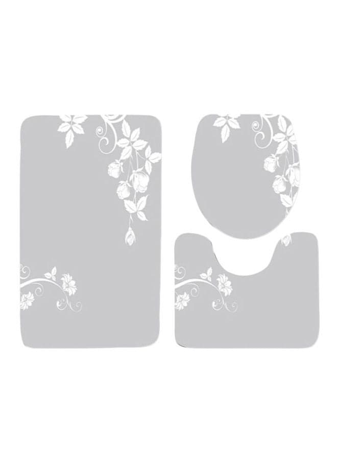 3-Piece Floral Printed Bath Mat Set Grey/White
