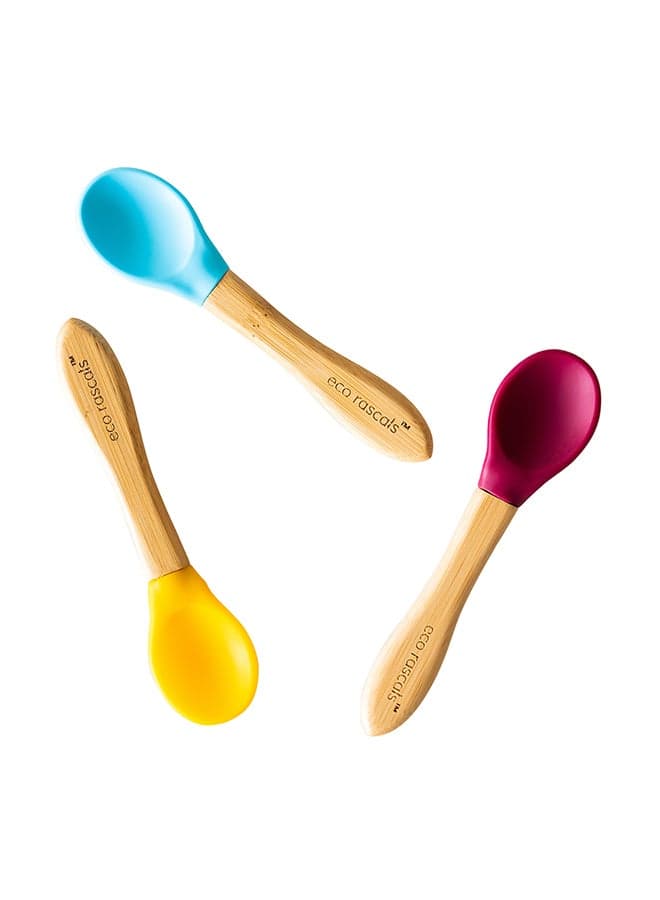 Bamboo Feeding Spoons, Pack of 3 - Blue/Red/Yellow