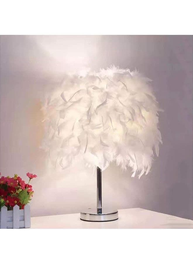 Portable Modern Style Antique Designed Decorative Table Lamp With Feather Lampshade White/Silver 23x35cm