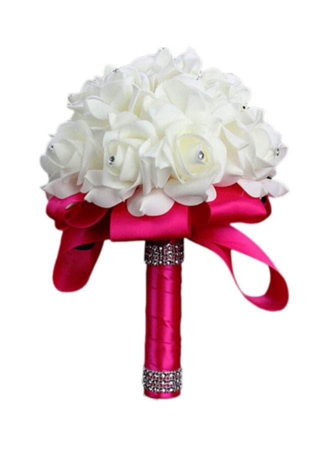 Crystal Studded Artificial Rose Flower Bouquet White/Pink 25cm