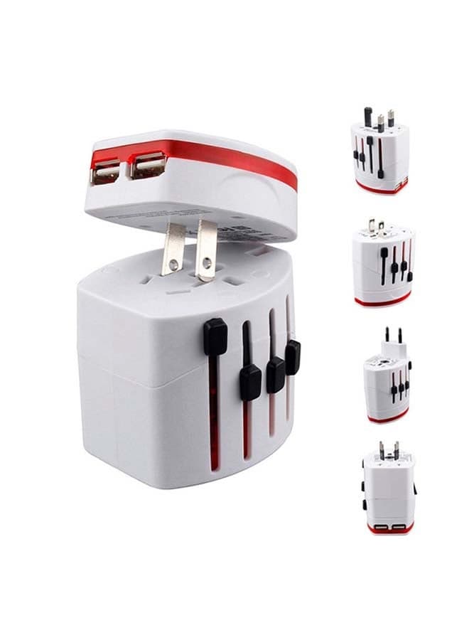 All-In-One Travel Power Plug Adapter With Dual USB Charging Port White