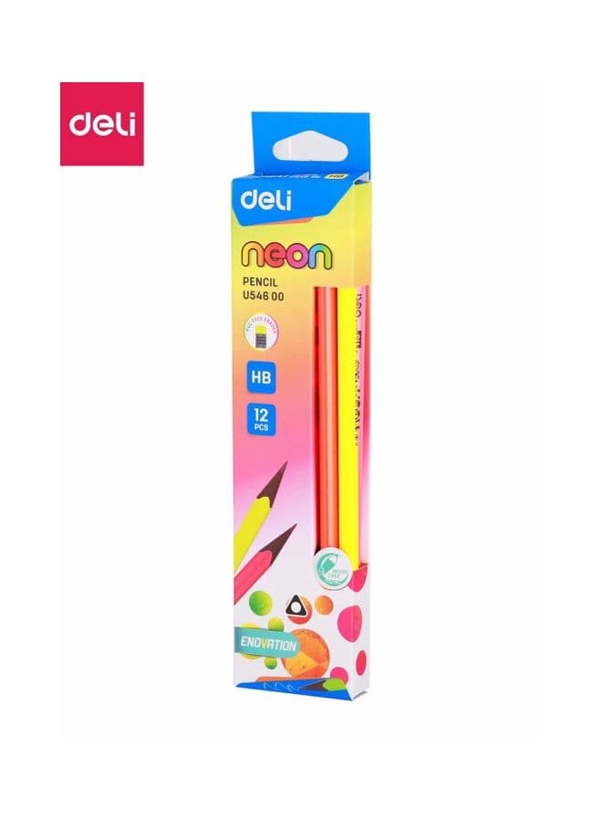12-Piece 4 Neon Colours Pencil With Eraser Multicolour