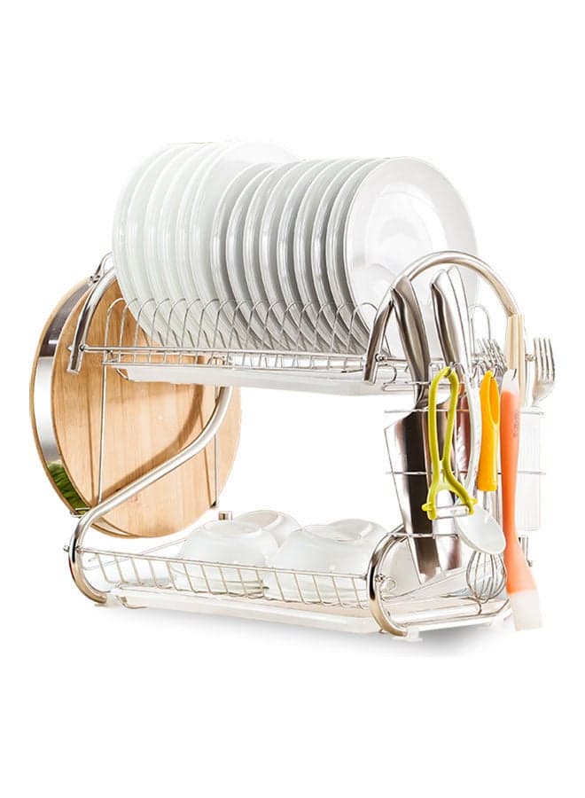 2-Tier Dish Drying Rack With Removable Drain Board White/Silver 41.5x14x25.5cm