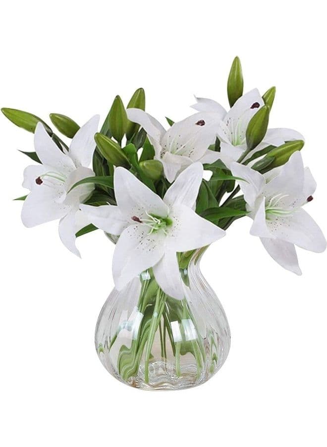 5 Pcs Artificial Lily with 3 Buds Full Bloom Real Touch Latex Flowers White