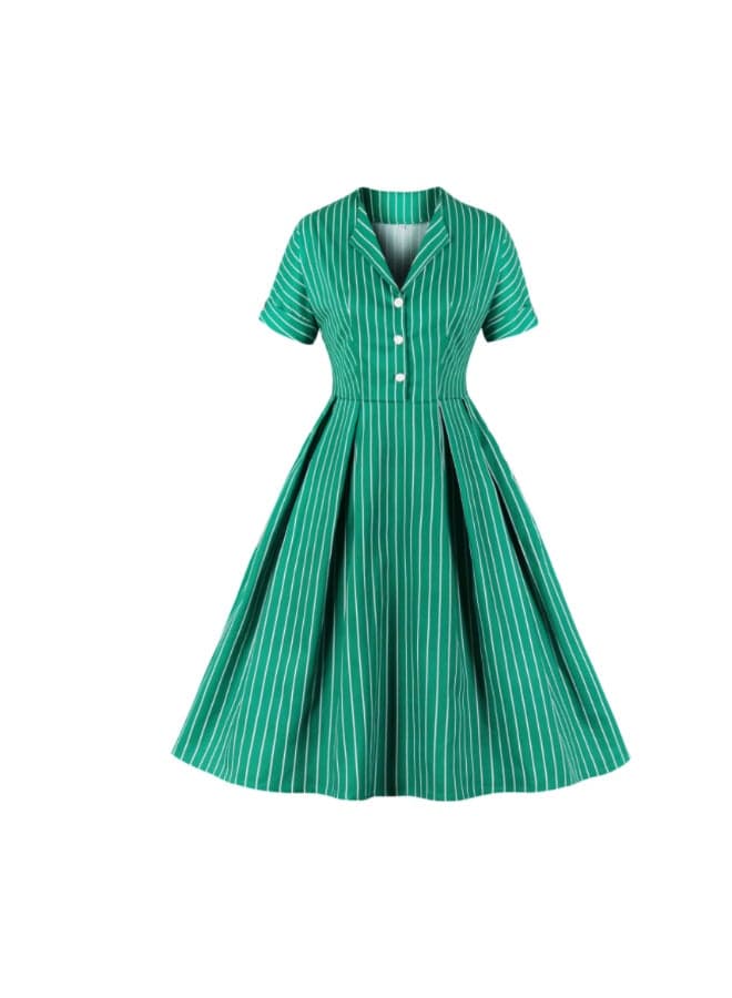 Retro Striped Elegant Dress Green
