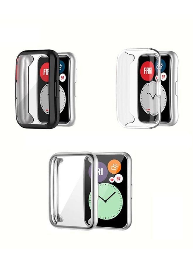 3-Piece Protective Case For Huawei Watch Fit Clear/Black/Silver