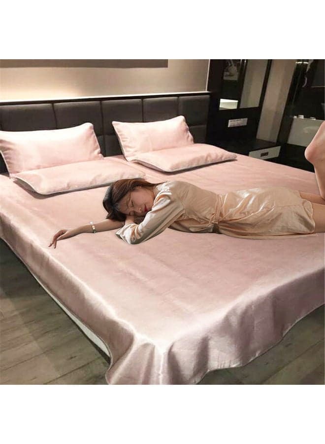 Summer Ice Silk Soft Cool Breathable Bed Flat Sheet with Pillow Cover Combination Beige 240x250x0.5cm