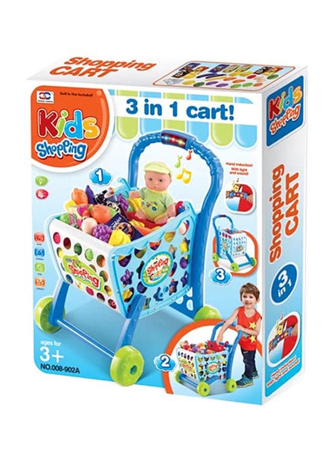 3 In 1 Kids Supermarket Shopping Cart With Plastic Vegetable & Fruits