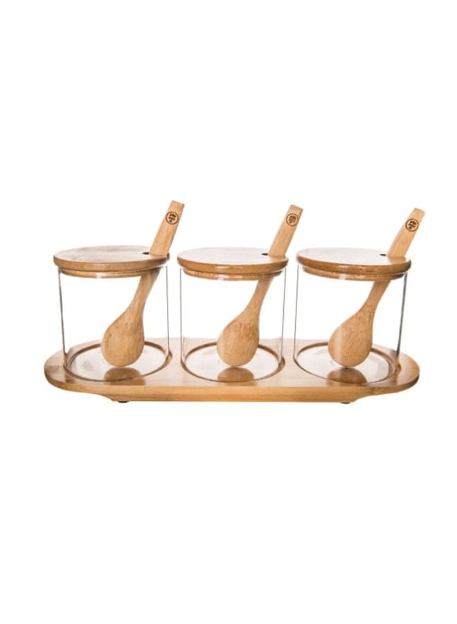 Bamboo Glass Trio With Tray And Spoon Clear/Brown 8.5x9.29x9.5cm