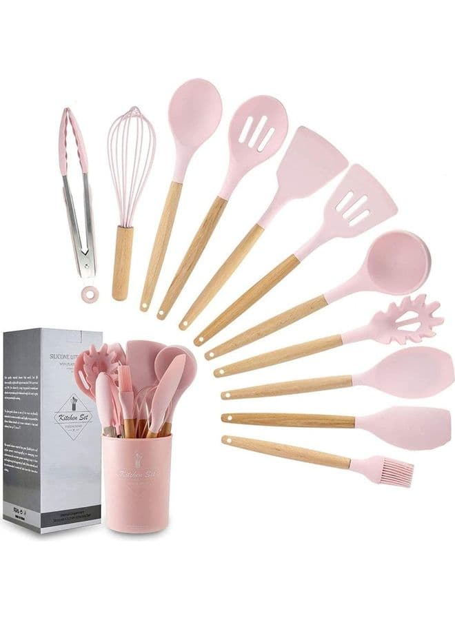 12-Piece Heat Resistant Non-Stick Silicone Cooking Utensil Set Pink/Brown One Size