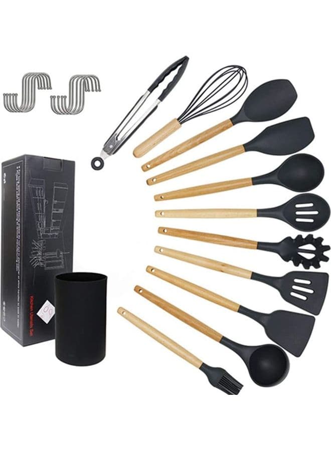 11-Piece Silicone Wooden Handle Kitchen Utensil Set With Holder and 10 Hanging Hook Black/Brown One Size