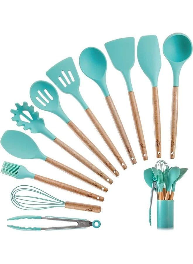 11-Piece Wooden Handle Kitchen Utensils Set with Stand Sea Blue/Brown One Size