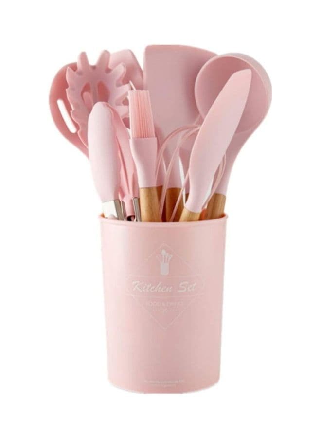 11-Piece Silicone Wooden Handle Kitchen Utensil Set With Holder Pink/Brown One Size