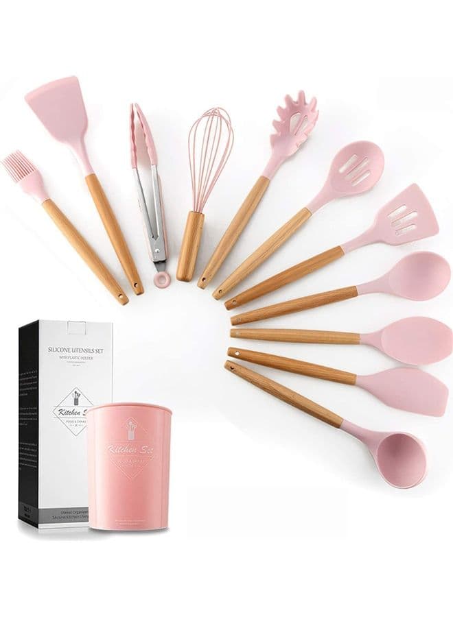 11-Piece Silicone Cooking Utensils Set Brown/Pin One Size