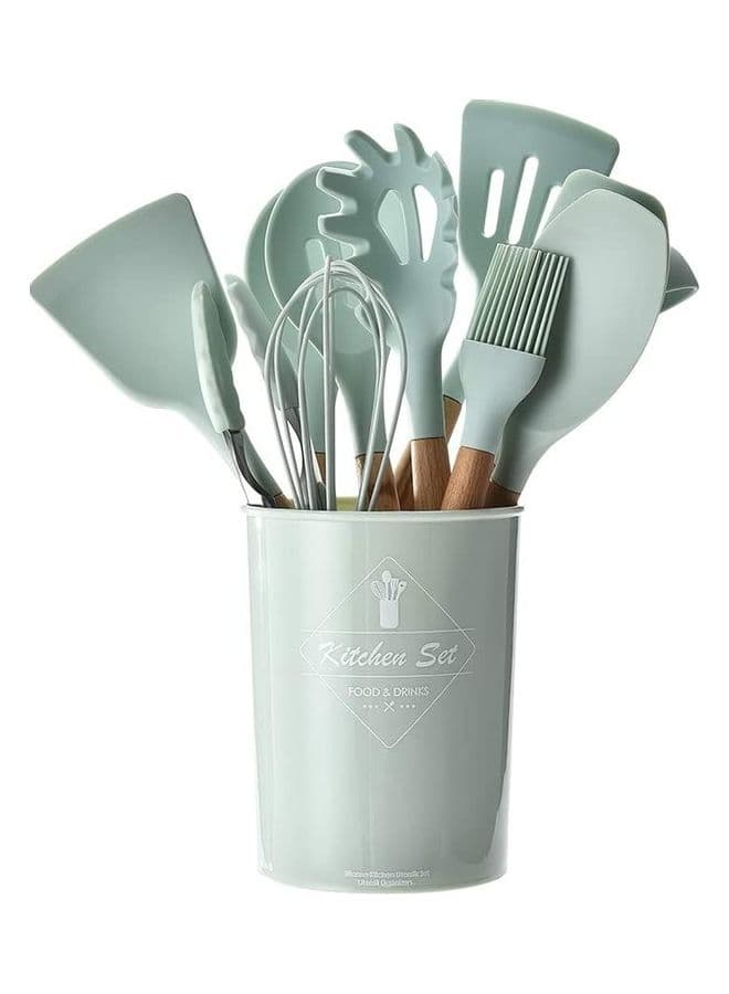 11-Piece Silicone Cooking Utensils Set with Holder Green/Brown One Size
