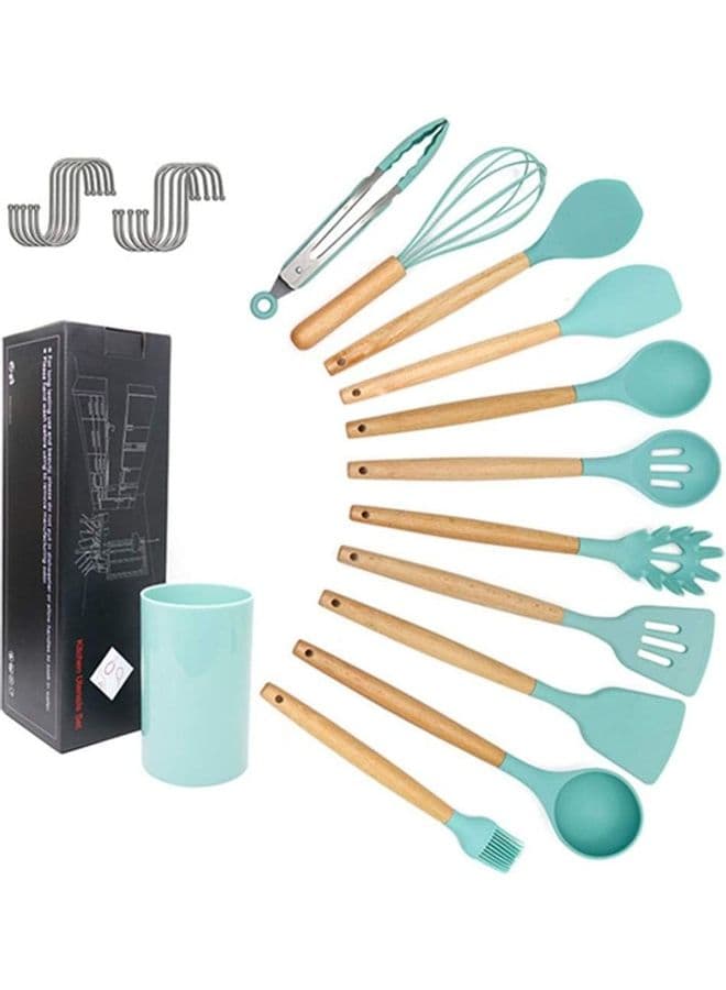 11-Piece Silicone Wooden Handle Kitchen Utensil Set With Holder and Hanger Hook Multicolour One Size