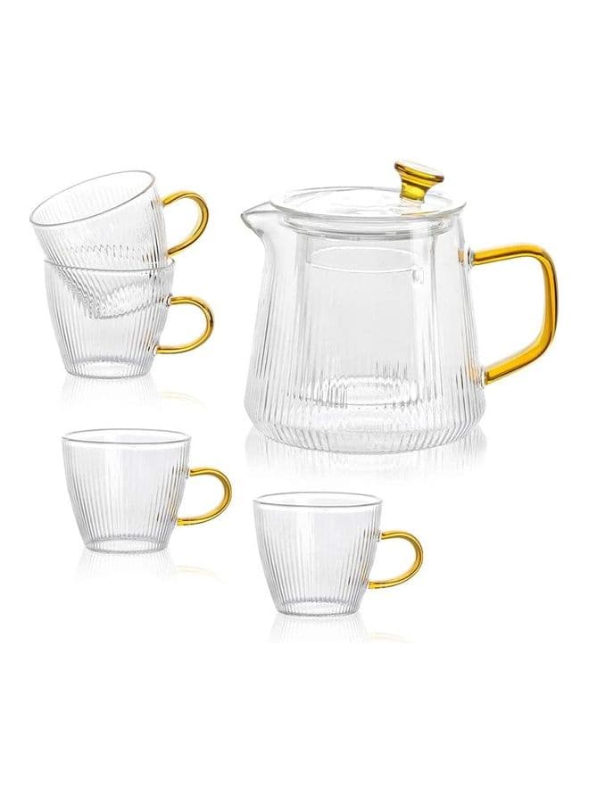 5-Piece Glass Infuser Teapot With Cups Set Clear/Gold 450ml