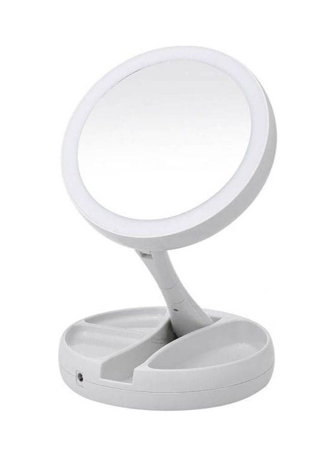 Led Lighted Folding Makeup Mirror Vanity Pocket Mirror With Storage Box Organizer 10X Magnifying Mirror With Lights White