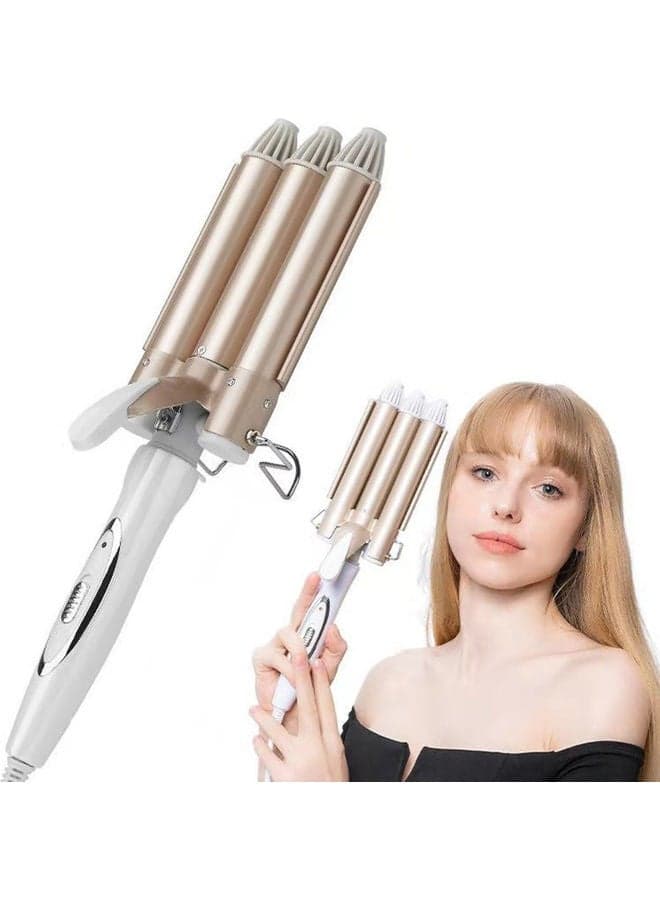 3-Barrel Portable Hair Curler Gold/White