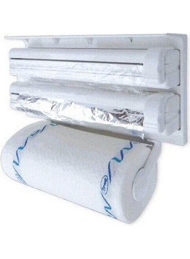 Triple Paper Dispenser With Cutter For Cling Film Wrap Aluminium Foil And Kitchen Roll White