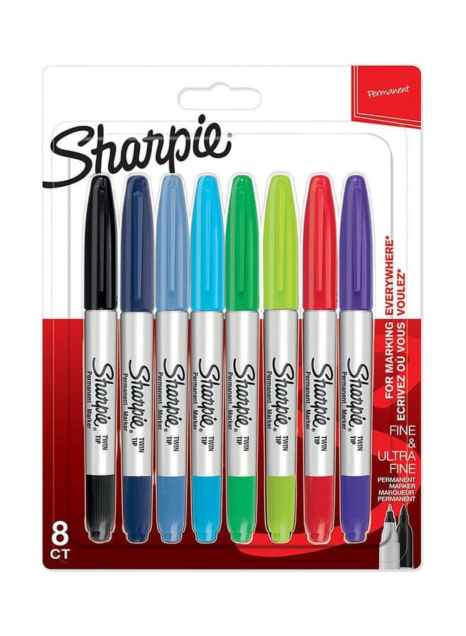 8-Piece Permanent Marker Twin Tip Multicolor