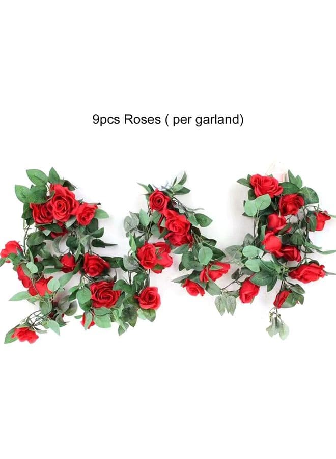 9-Piece Artificial Rose Flower Vine Green Leaf Hanging For Home Decor Red/Green