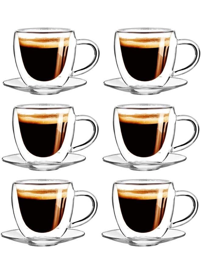 6-Piece Double Wall Glass Teacup and Saucer Set Clear 8.5cm