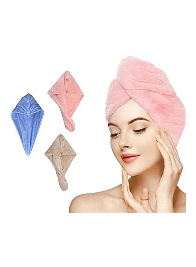 3-Piece Water Absorbent Hair Towel Wrap Shower Cap With Button Set Pink/Blue/Brown 65cm