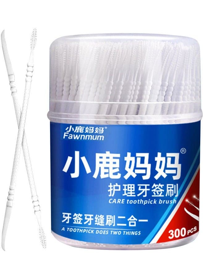 300-Piece Toothpick 2-In-1 Dental Floss Picks High Toughness Interdental Brush White