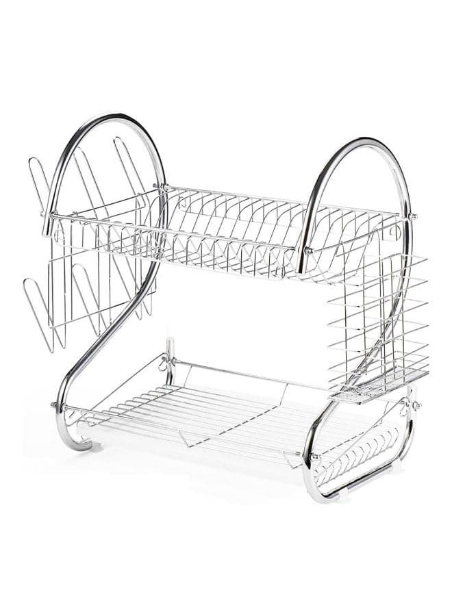 2-Tier Kitchen Dish Rack With Cup Holder And Knife Holder Silver 1.86kg