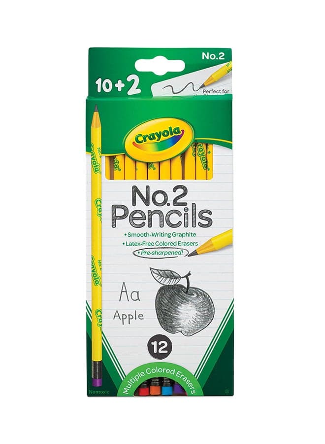 12-piece No.2 Pencils, Pre Sharpned With Latex Free Coloured Eraser- Multicolour 11.43x7.14x1.91cm