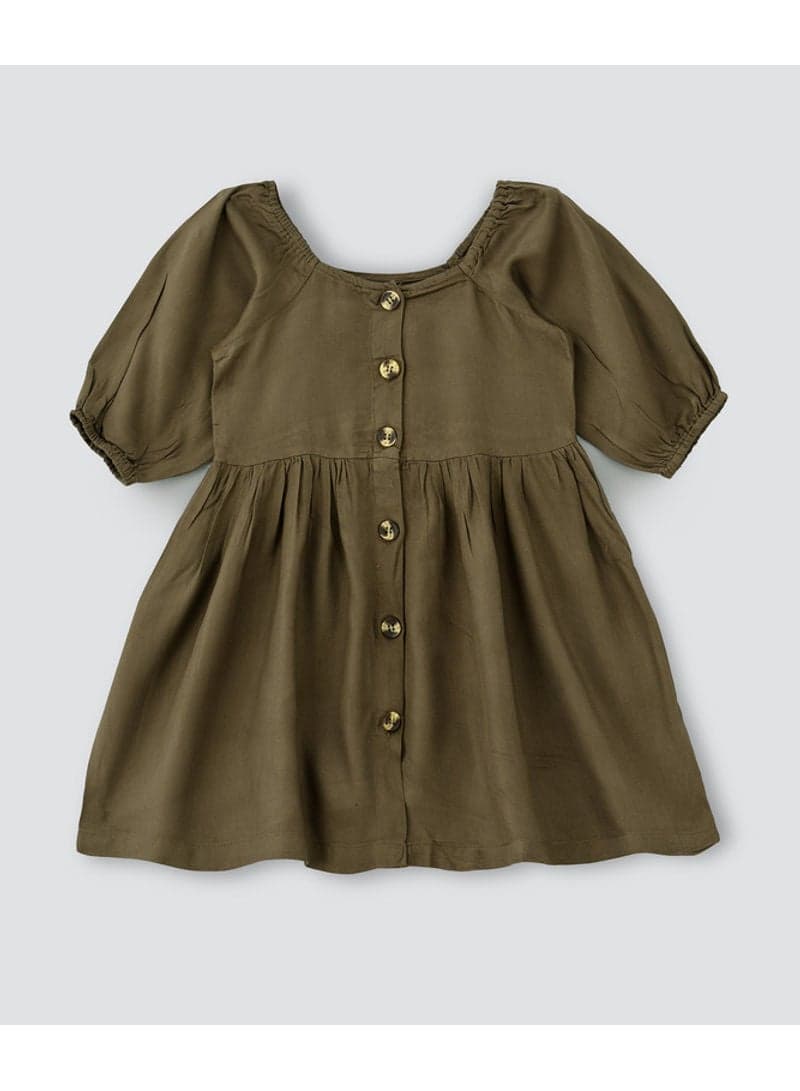 Front Button Gathers At Waist Dress Olive