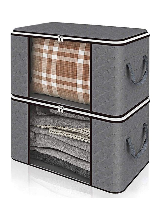 2-Piece Zipped Large Foldable Storage Bag Organizer With Reinforced Handle Grey/White/Black 60x40x35cm