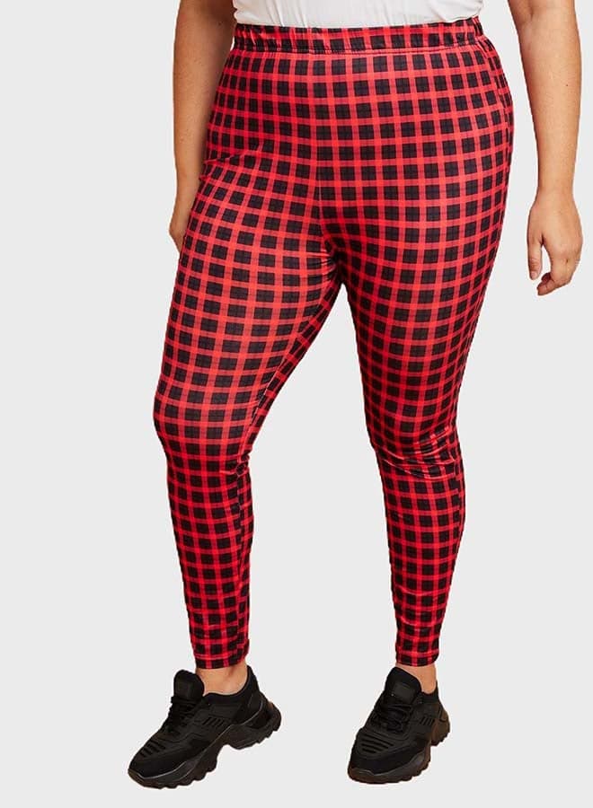 Plus Size High Rise Checked Detail Leggings Red/Black