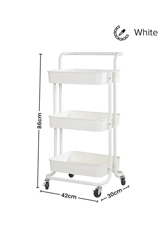3-Tier Utility Cart Rolling Storage Shelf With Handles 2 Lockable Wheels White 86x42x30cm