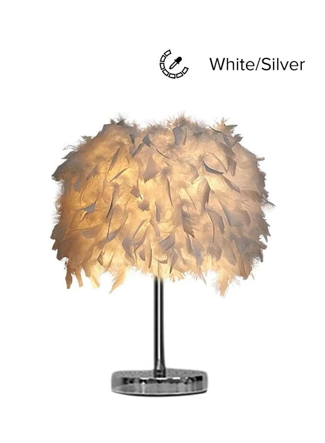 Portable Modern Style Antique Designed Decorative Table Lamp With Feather Lampshade White/Silver 13x13x24cm