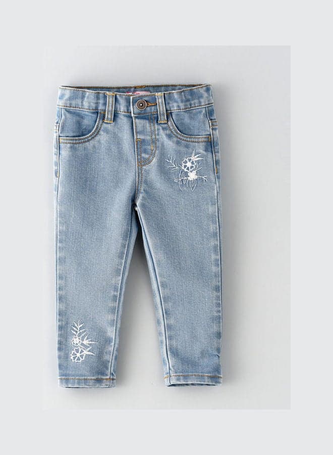 Flower Embroidered Woven Jeans Medium Blue