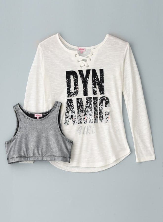 Full Sleeve Knit Print At Front Top And Crop Top Set Ivory/Grey