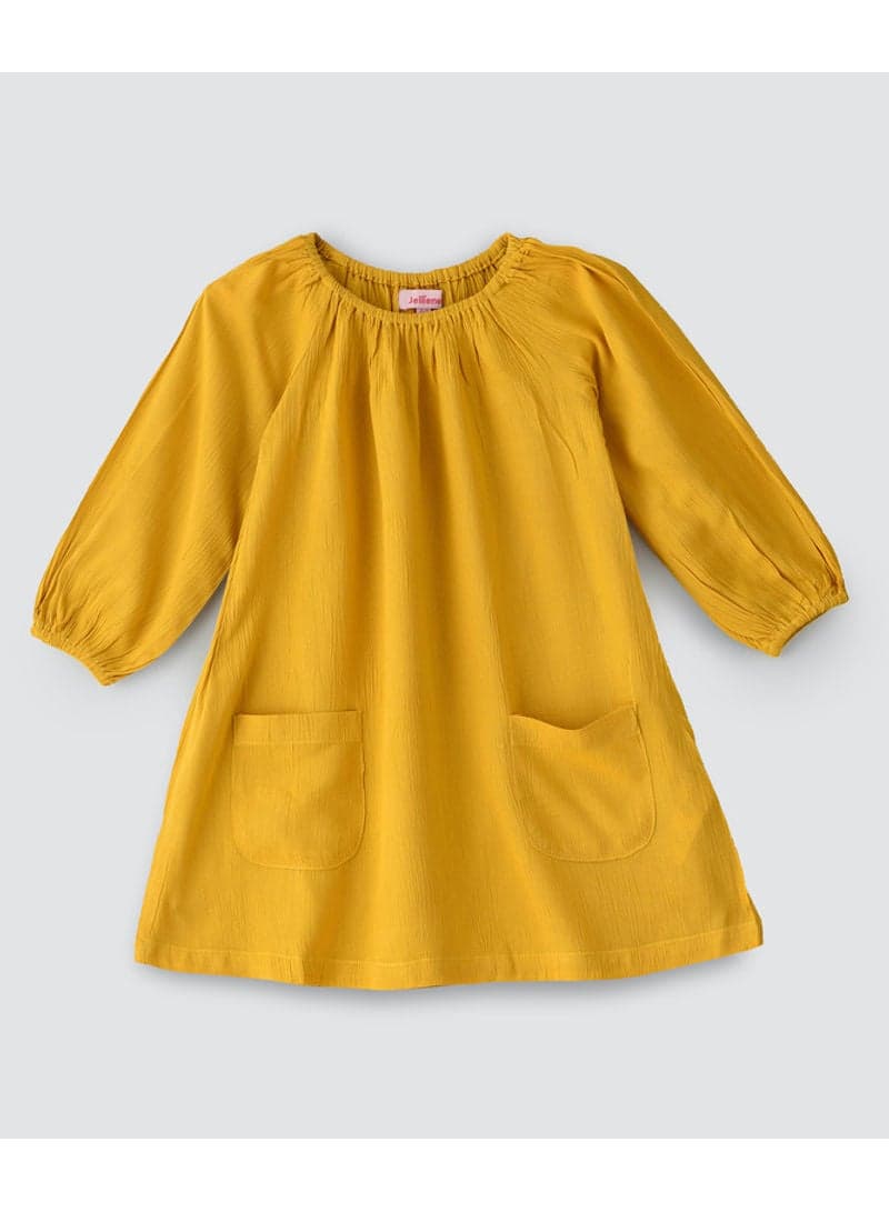 Woven Solid Dress With Patch Pockets At Front And Gathers At Neck Yellow