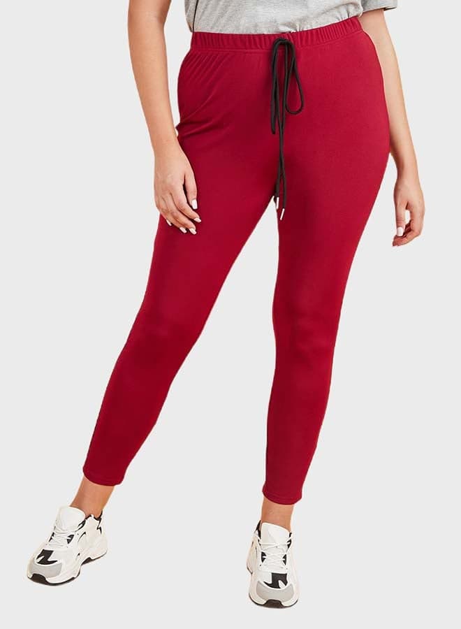 Plus Size Drawstring Waist Detail Solid Leggings Burgundy