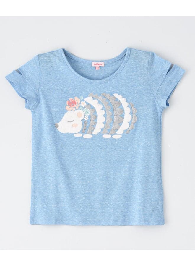 Round Neck Short Sleeve Knit T-Shirt With Applique At Front Light Blue