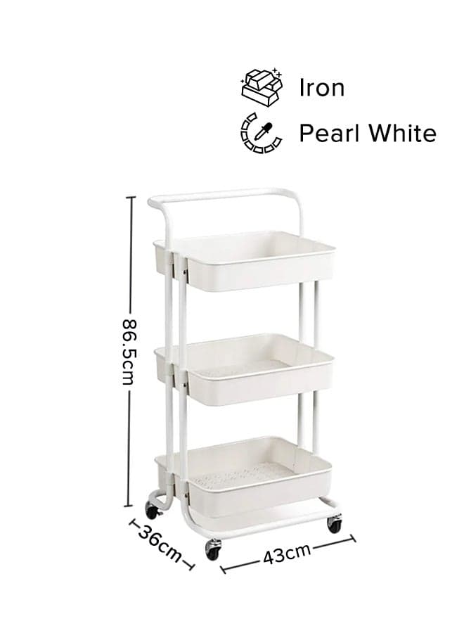 3 Tier Utility Rolling Storage Cart With Handles And Lockable Wheels Pearl White 43x36x86.5cm