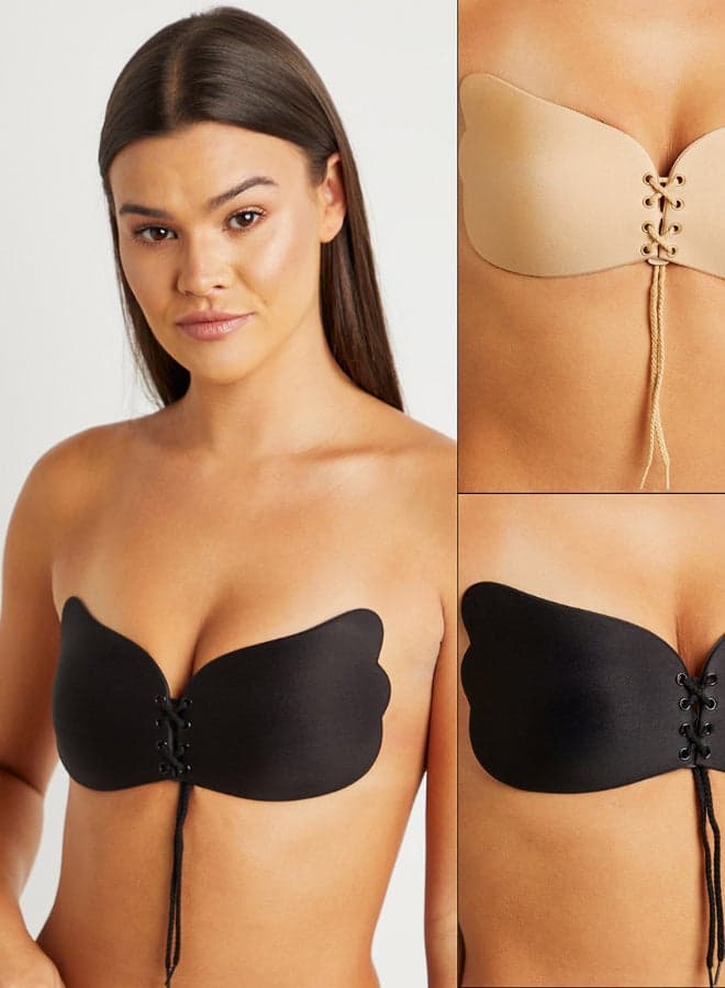 2 Pack Of Stick On Lace-Up Bra Black/Beige