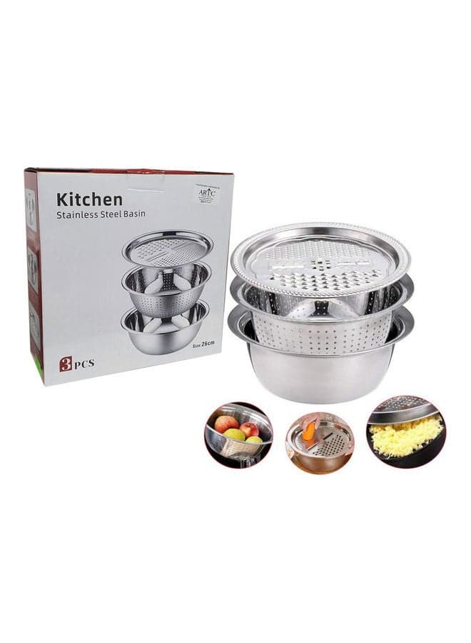 3 In 1 Multifunctional Basin Bowl Set With Grater Silver 26x26x11cm