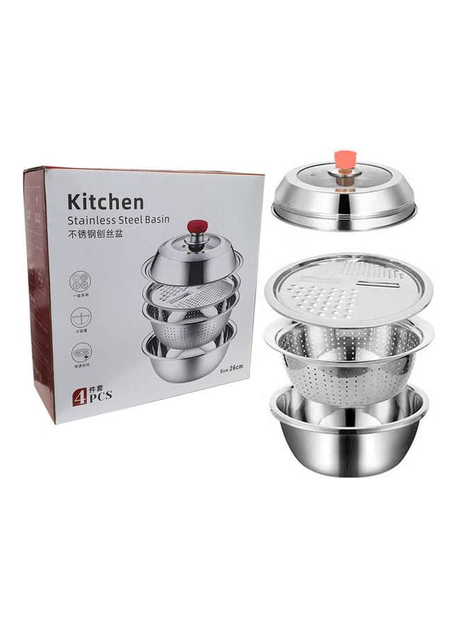4 In 1 Multifunctional Stainless Steel Basin Bowl Set With Grater Silver 26x26x11cm