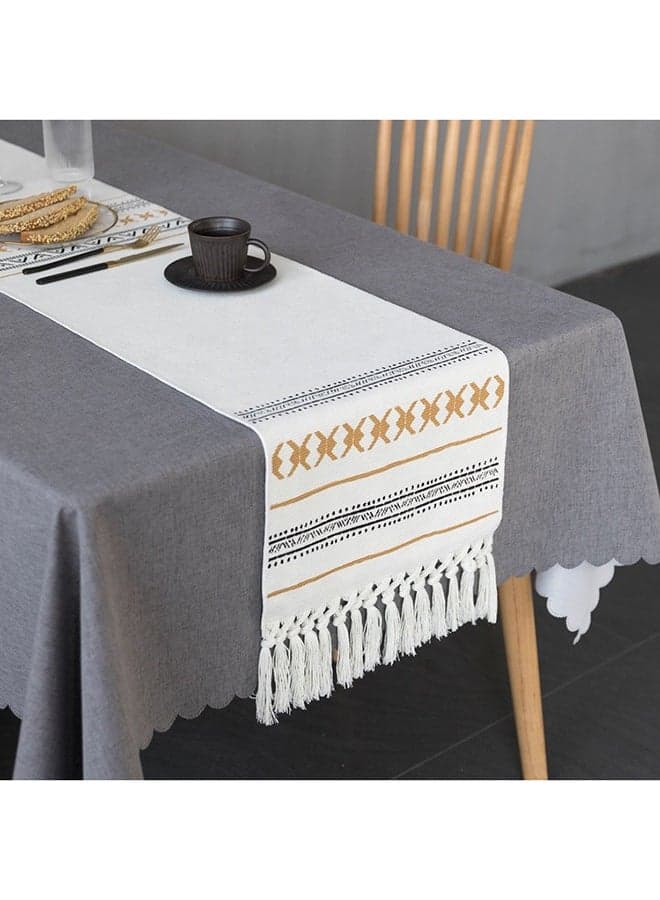 Printed Cotton Woven Coffee Dining Table Runner Off White/Black/Yellow 34x230cm