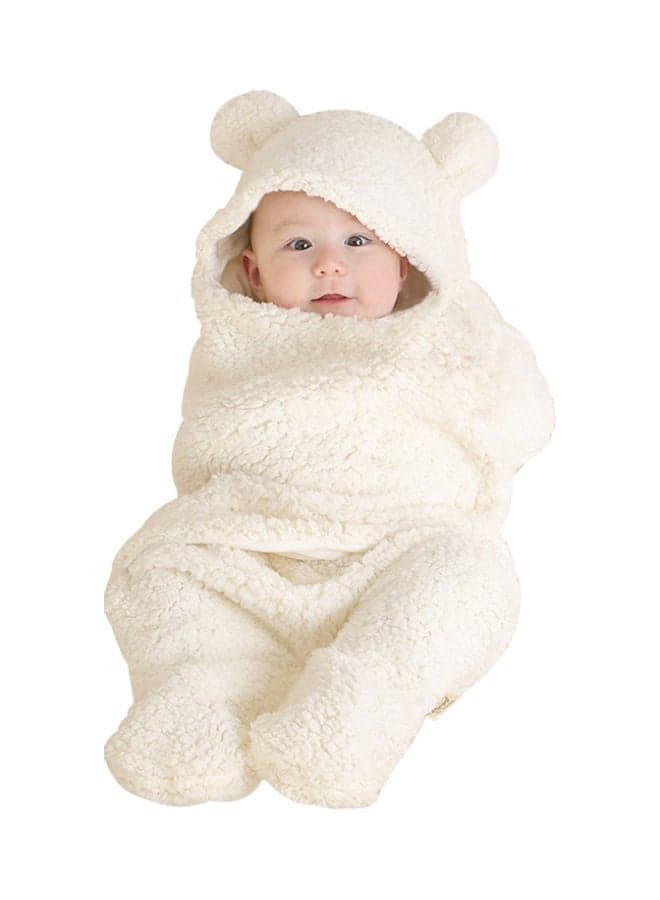 Soft And Light Weight Baby Winter Sleeping Pajama Swaddling With Bear Ear Hat - White