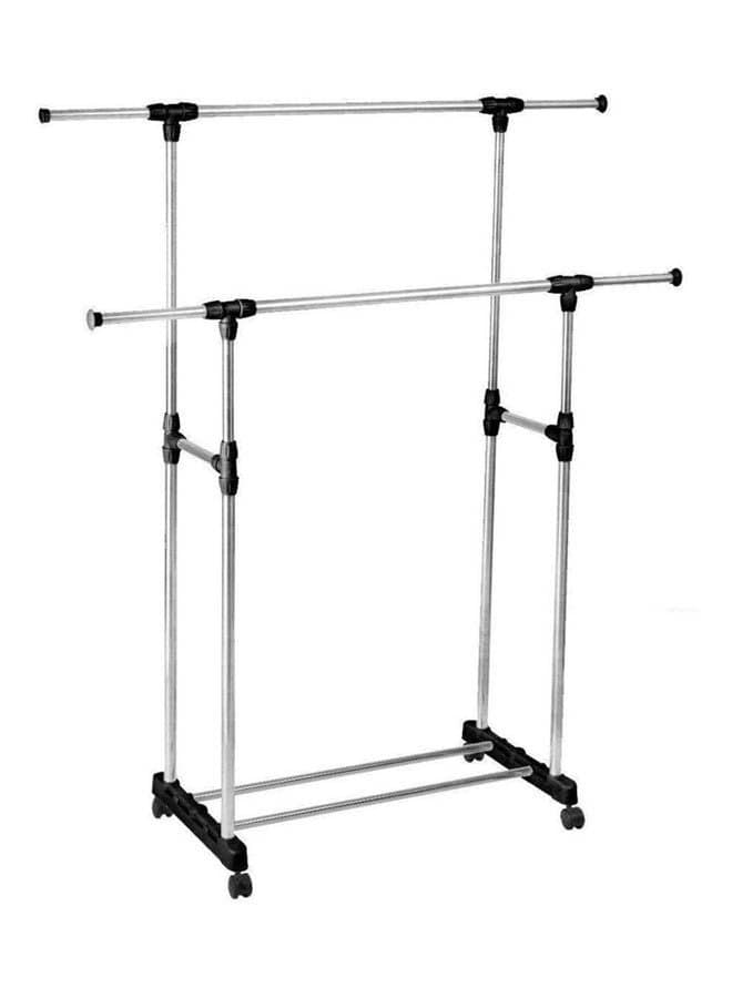 Cloth Rack 2 Pole, Metal Black Double Pole Telescopic Clothes Hanger Black-Silver