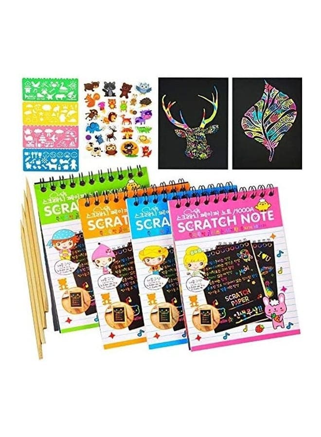 4-Piece Scratch Art Notebooks Set With Rainbow Color Scratch Off Papers And Stencils