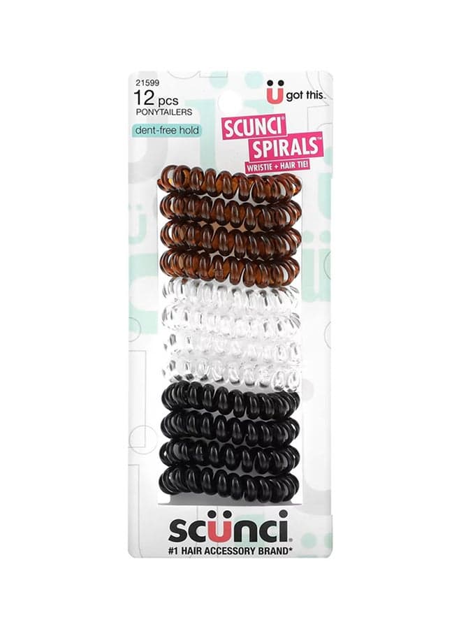 12-Pieces Dent-Free Hold Spirals Wristie Hair Tie Set Black/White/Brown